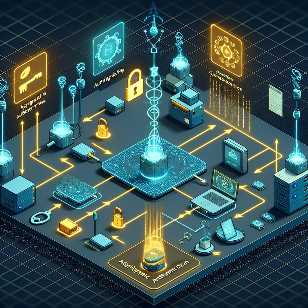 Technical diagram showing M2M devices connected by glowing encrypted data streams with lock/key symbols and authentication tokens.
