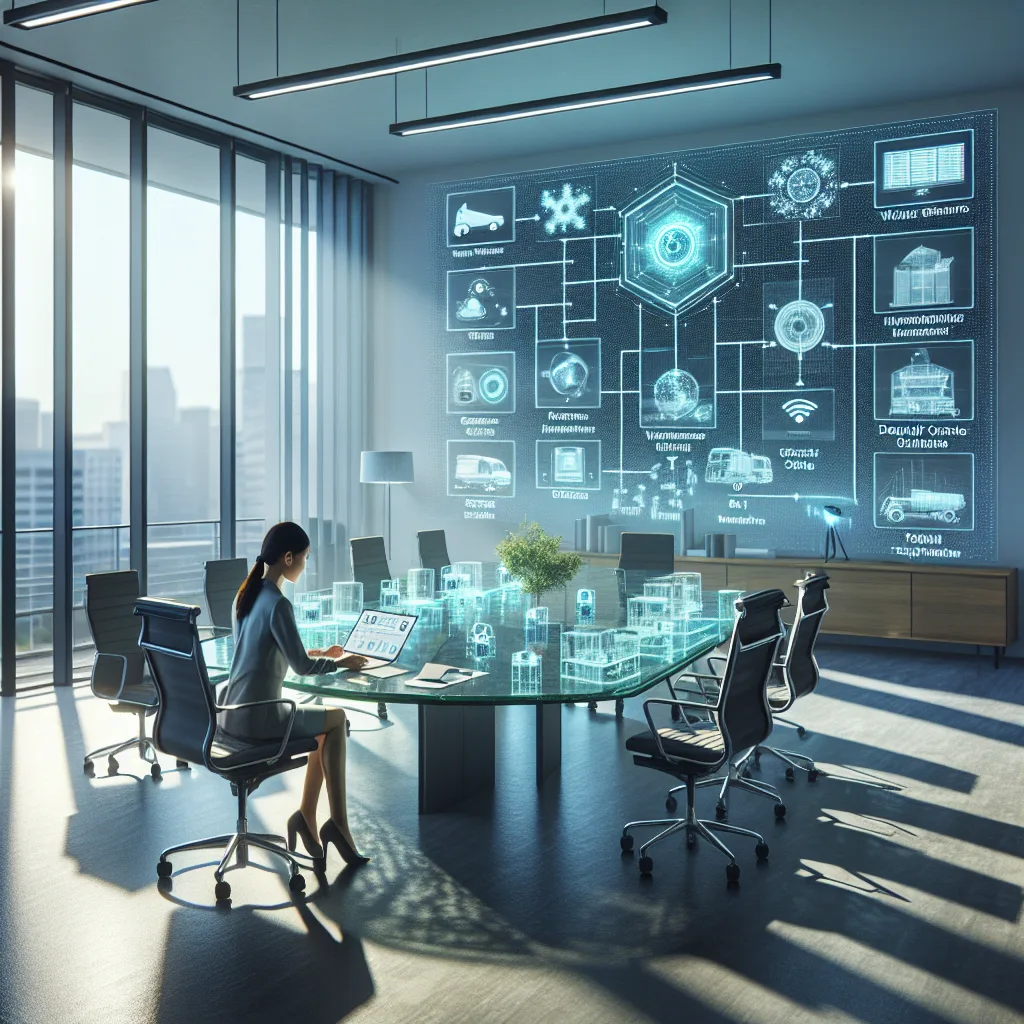 Project manager evaluating M2M devices with holographic eSIM vs traditional SIM comparison flowcharts in modern conference room