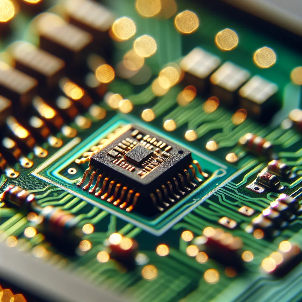 Macro view of tiny embedded SIM chip being soldered onto green IoT circuit board with golden connections and components