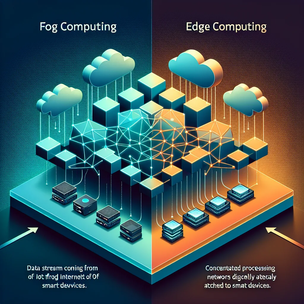 Architectural diagram comparing fog computing's distributed hexagonal mesh network in blue with edge computing's concentrated processing units in orange.