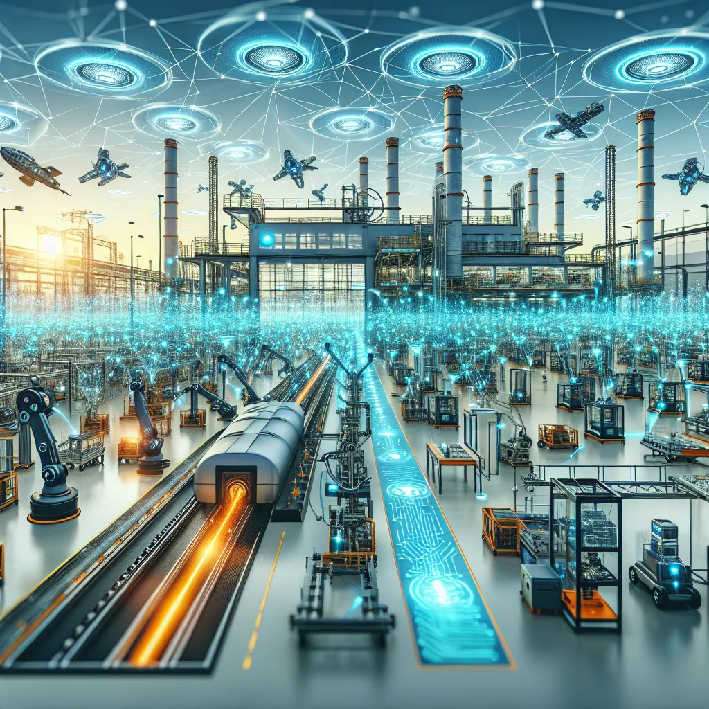 Modern factory with robotic arms and sensors connected by glowing 5G data streams and holographic analytics dashboards