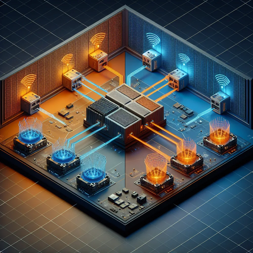 Network diagram showing LoRaWAN sensors with orange radio waves and cellular devices with blue data streams converging at central edge hub
