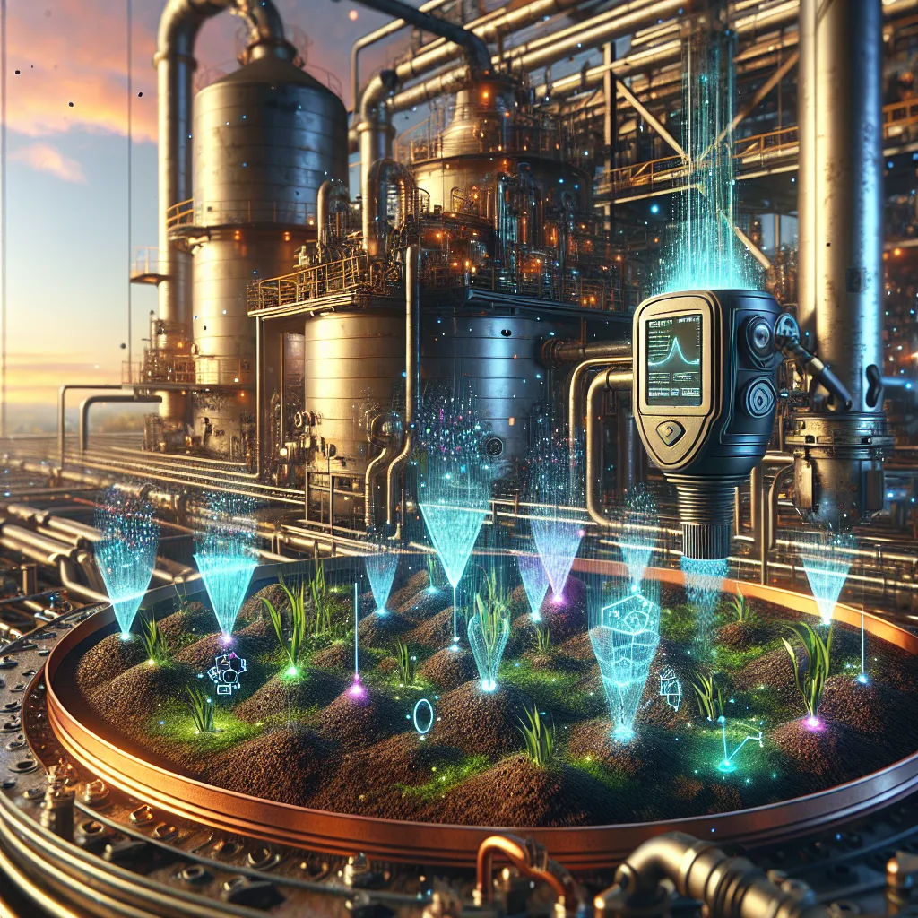 Industrial M2M sensors in action: vibration sensor on machinery, soil moisture sensors in earth, and gas detection sensors with data streams and holographic displays.