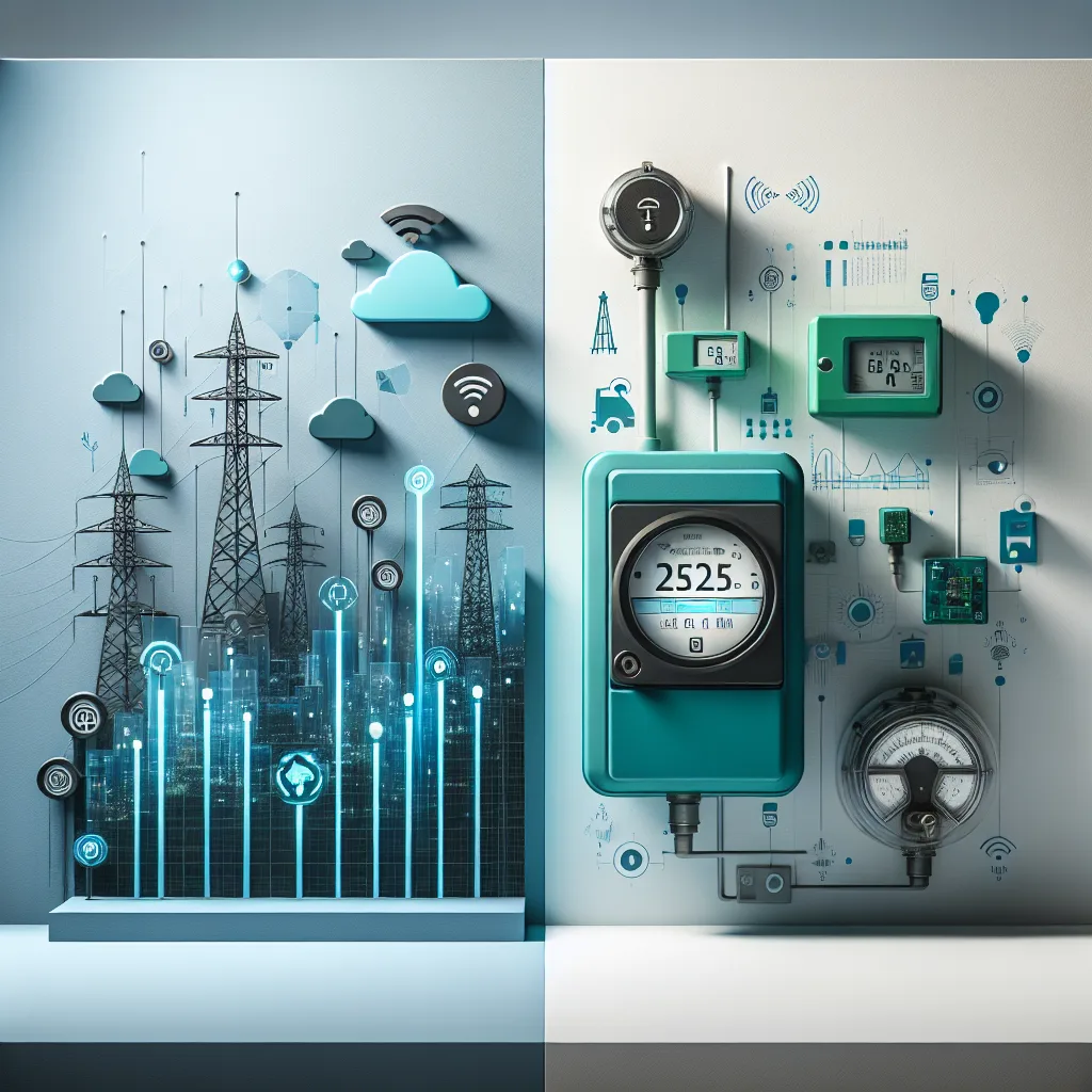 Split-screen showing LTE-M industrial sensor with blue connectivity vs NB-IoT utility meter with green connectivity