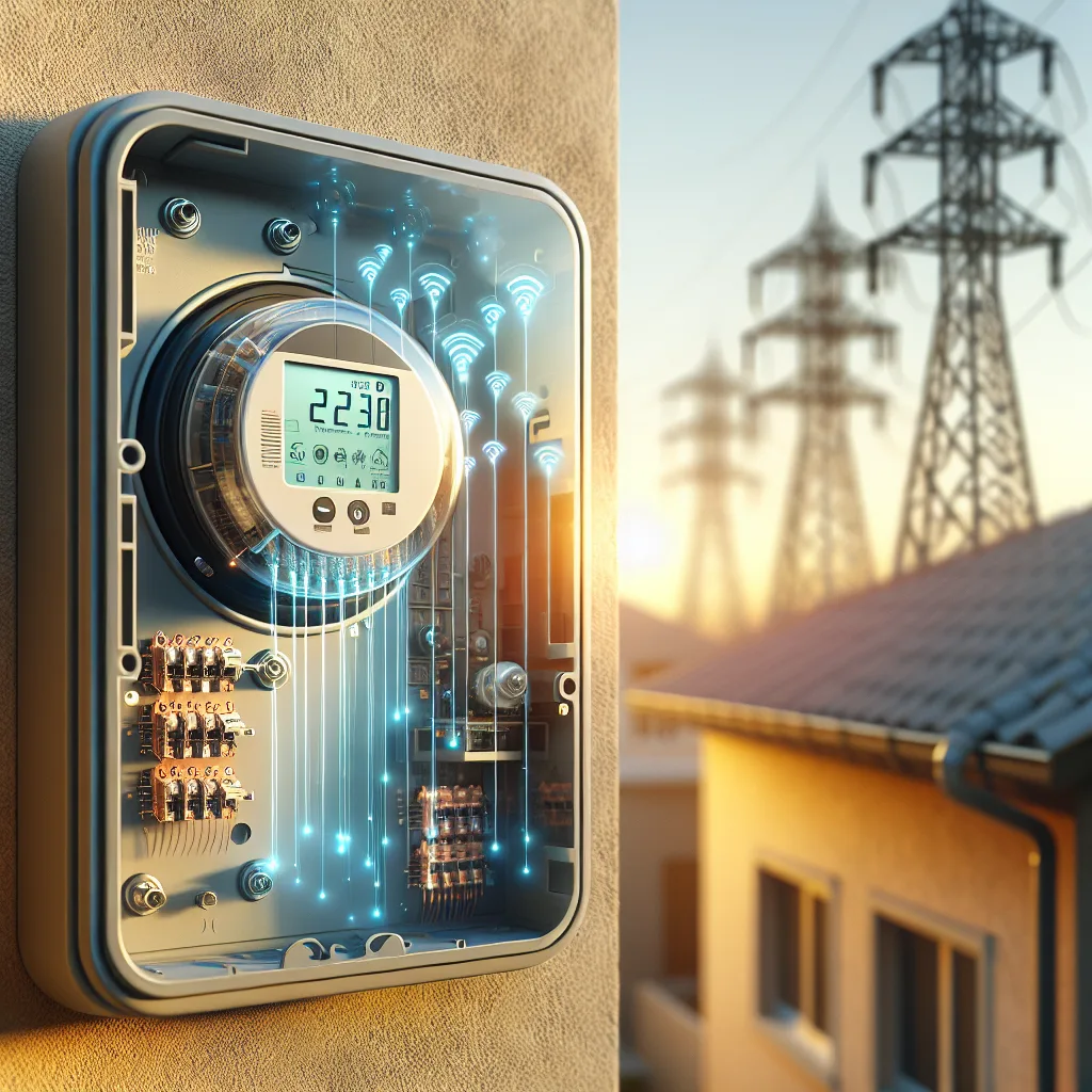 Smart meter on home exterior wall with glowing digital display and data streams connecting to transmission towers