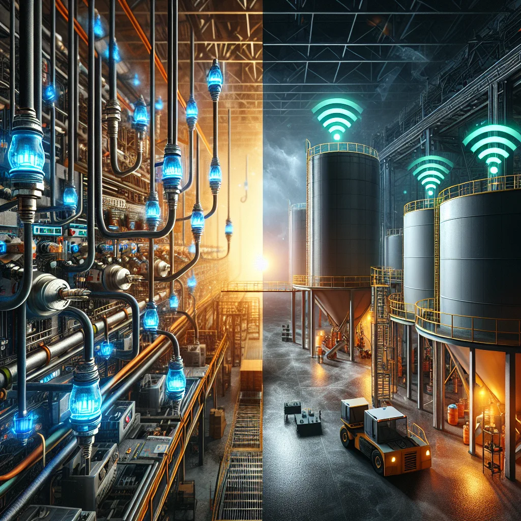 Split-screen industrial facility comparing wired ethernet cables connecting manufacturing equipment vs wireless sensors on storage tanks