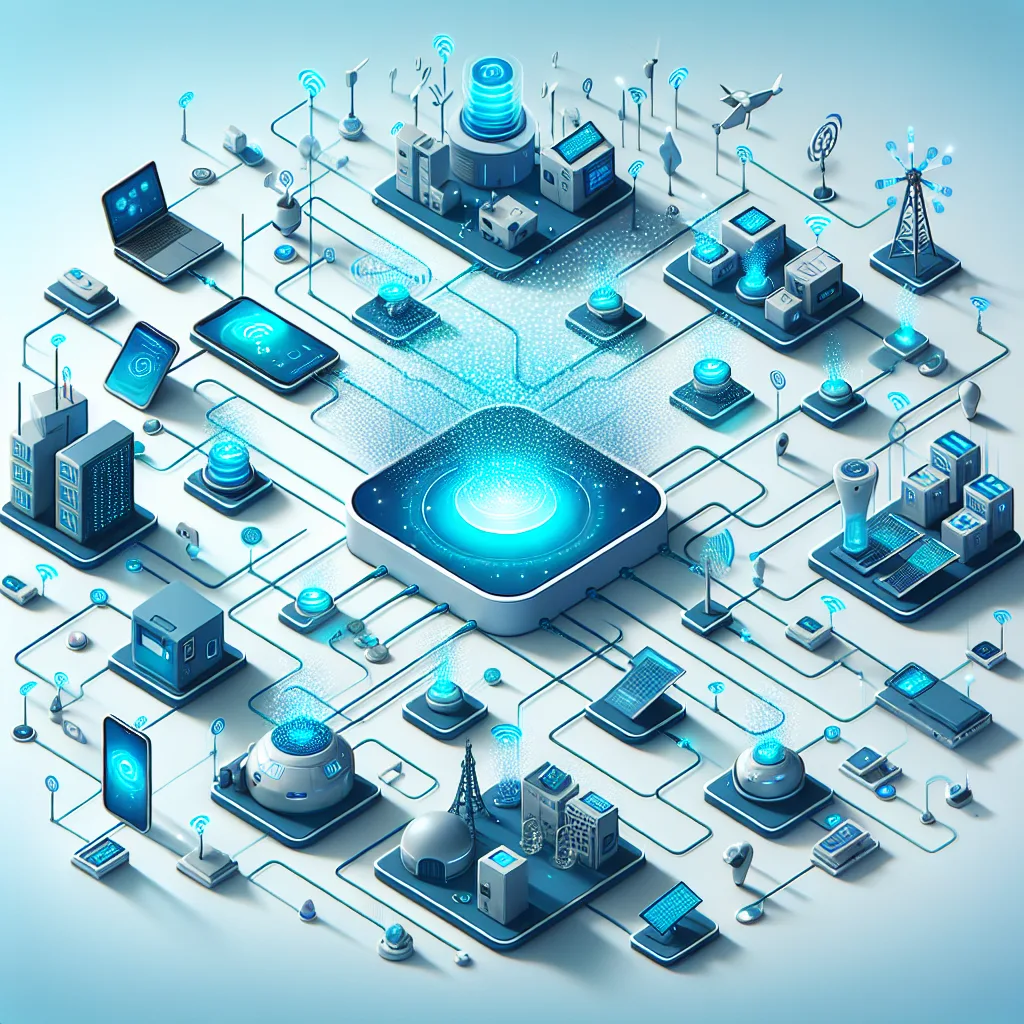 Isometric diagram showing blue data pool connected to various IoT devices via glowing data streams, illustrating M2M connectivity options.