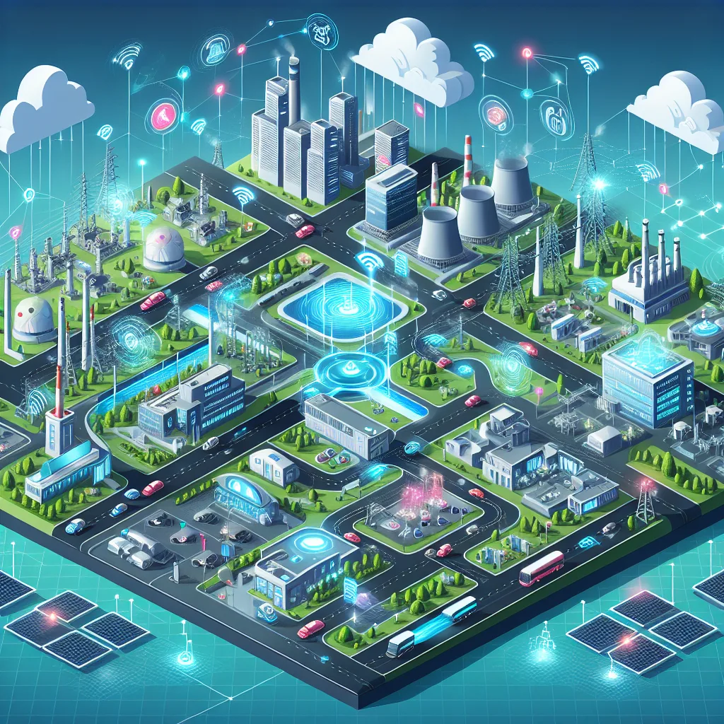 Isometric smart city cross-section showing M2M gateways connecting vehicles, traffic systems, factories, and healthcare devices to cloud