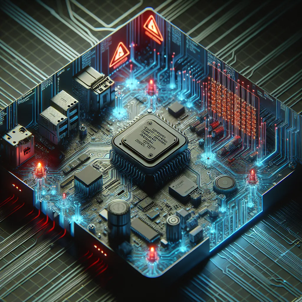 Medical IoT device cross-section showing glowing circuit boards with red warning indicators highlighting security vulnerabilities and entry points.