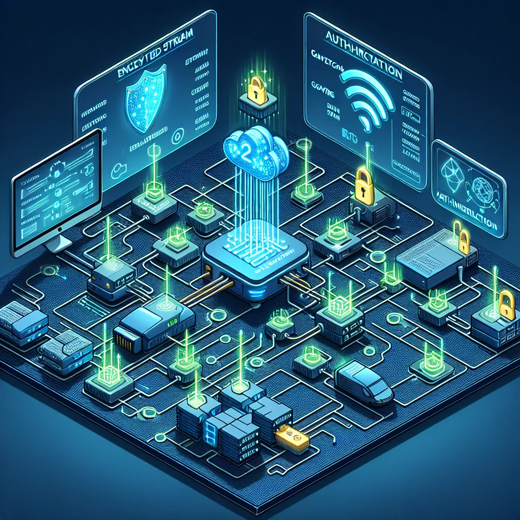 Isometric diagram of M2M devices with security layers: encrypted data packets, green shields, golden authentication keys, monitoring