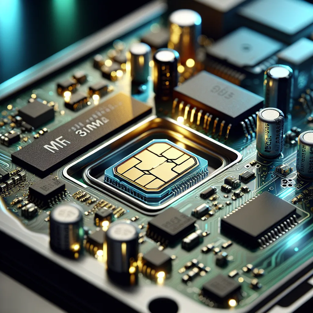 Close-up of 3FF micro SIM card installed in automotive telematics device circuit board with golden contacts and PCB traces