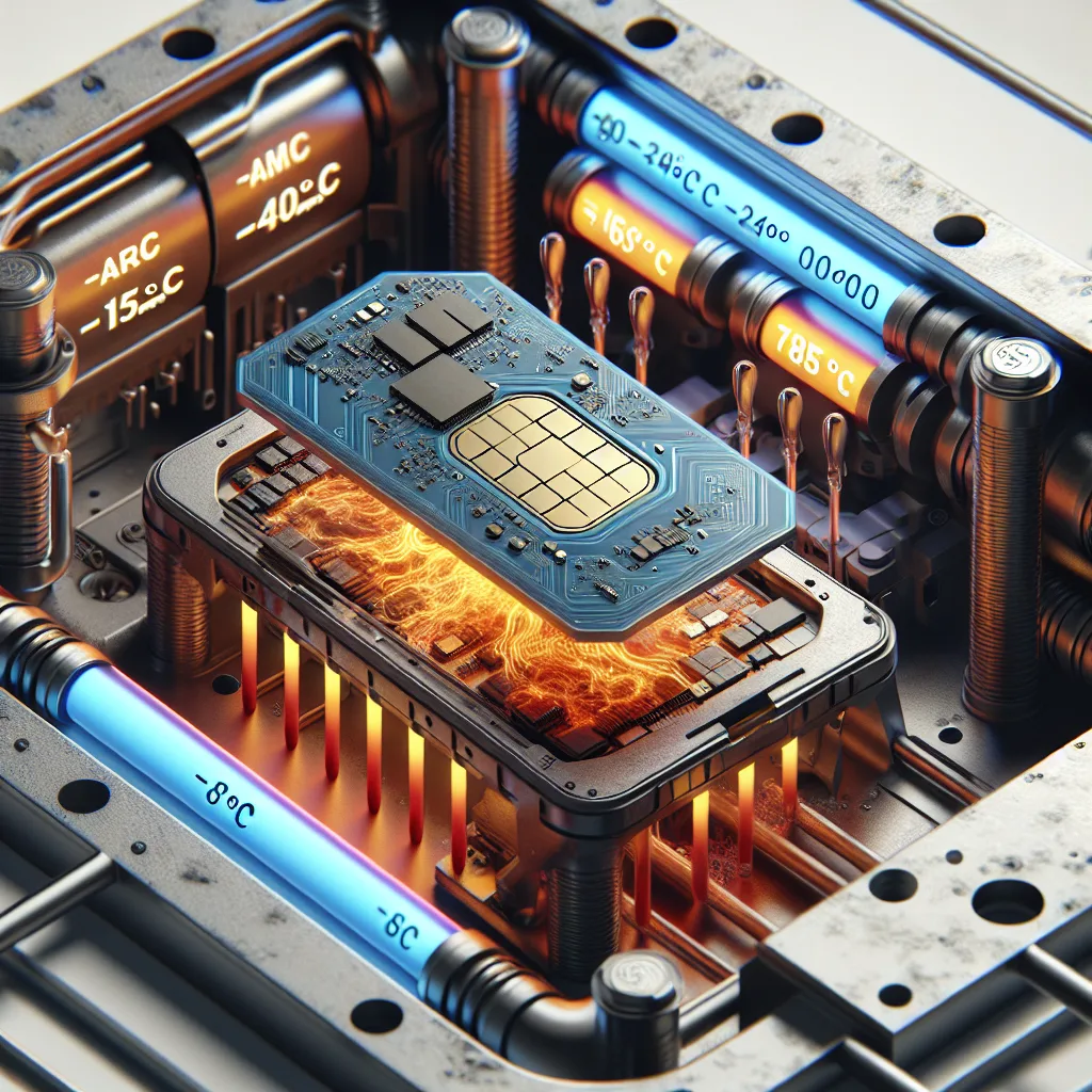 Ruggedized SIM card cross-section in industrial machinery showing glowing circuits and extreme temperature resistance