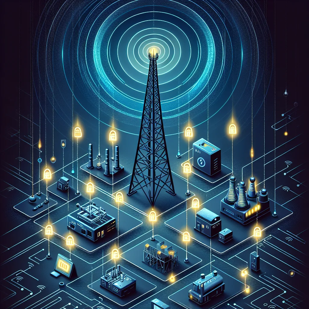 Cellular tower with radio waves connecting to industrial IoT devices showing glowing SIM card slots and security icons