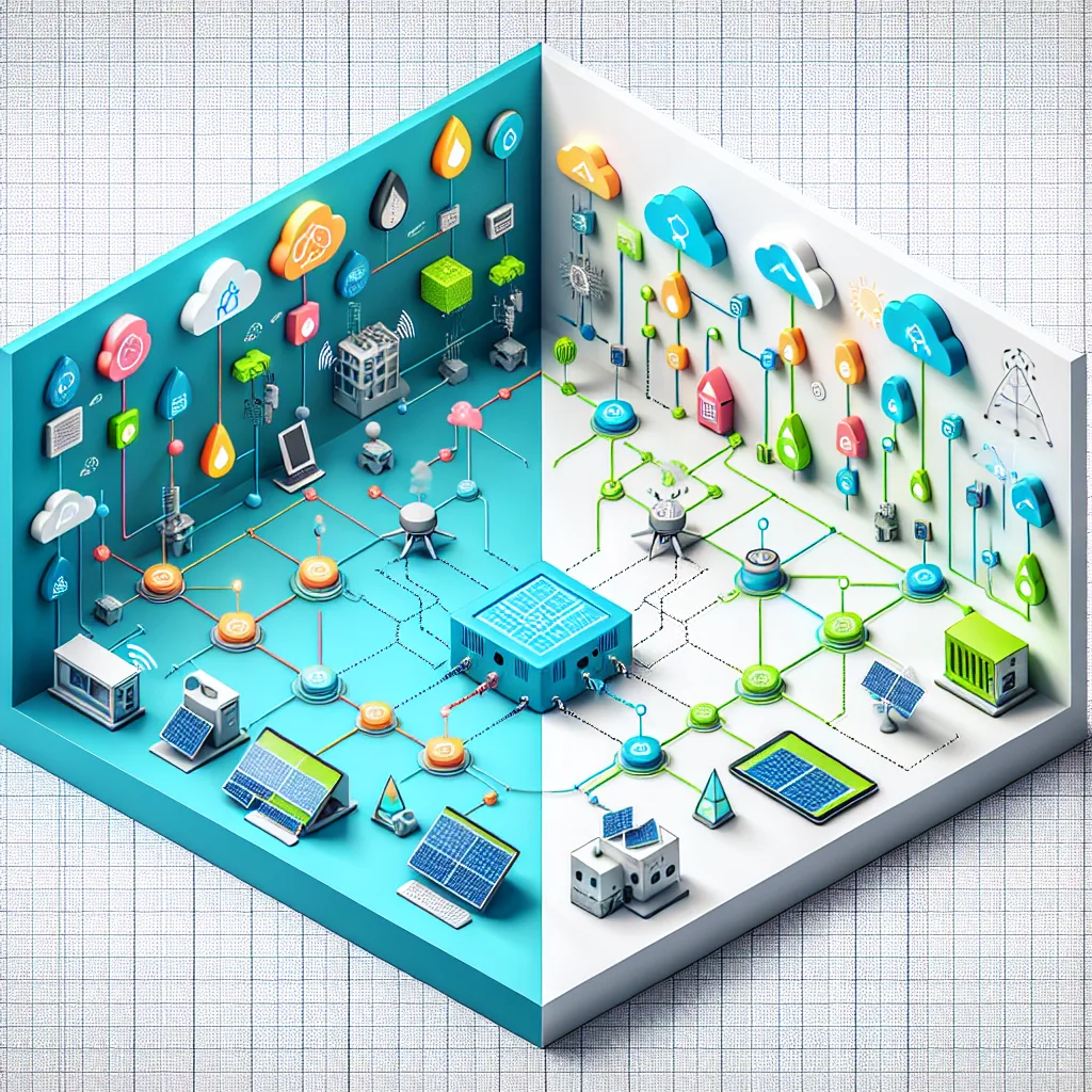 Split-screen diagram comparing MQTT's centralized broker architecture with IoT devices on left vs CoAP's peer-to-peer mesh network on right