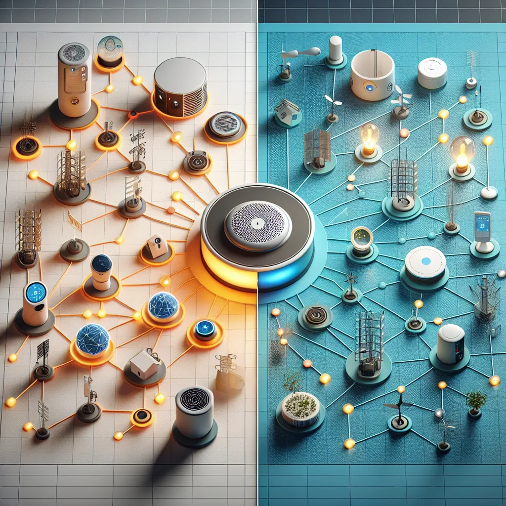 Split-screen comparison of MQTT centralized smart home network (left) versus CoAP decentralized outdoor sensor mesh (right)