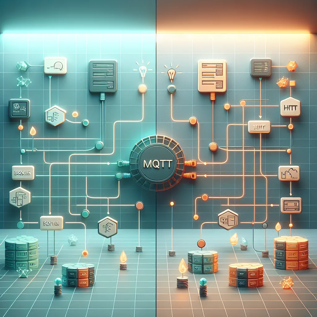 Split-screen diagram comparing MQTT's lightweight broker-hub architecture with teal connections to HTTP's robust client-server model with orange pipes