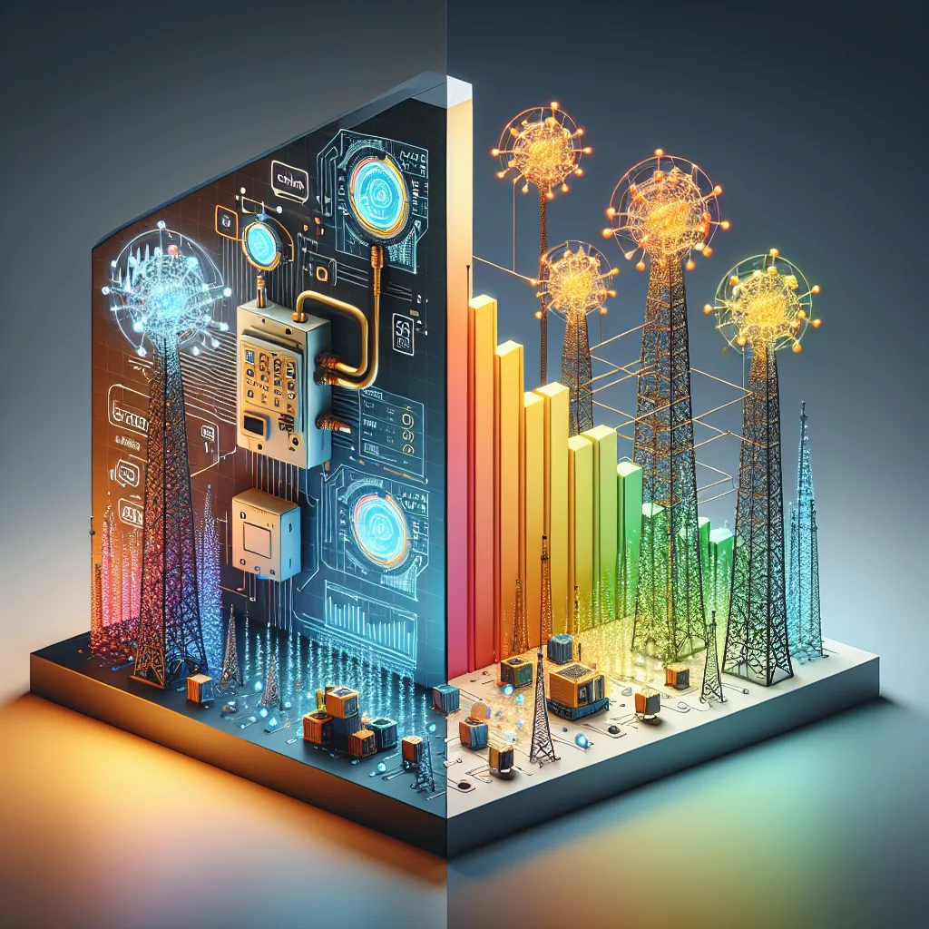 Split-screen showing IoT sensors: left with steered SIM connected to single golden tower with green cost meter, right with non-steered SIM connected to multiple colorful towers with fluctuating cost indicators.