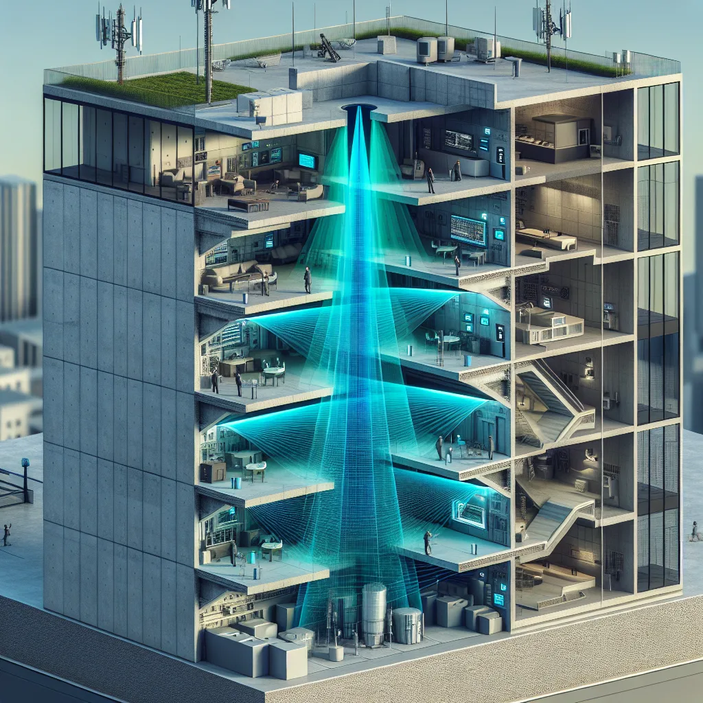 Building cutaway showing cellular signal penetration: narrow blue beam (200 kHz) reaches basement, wider teal beam (1.4 MHz) stops mid-floor