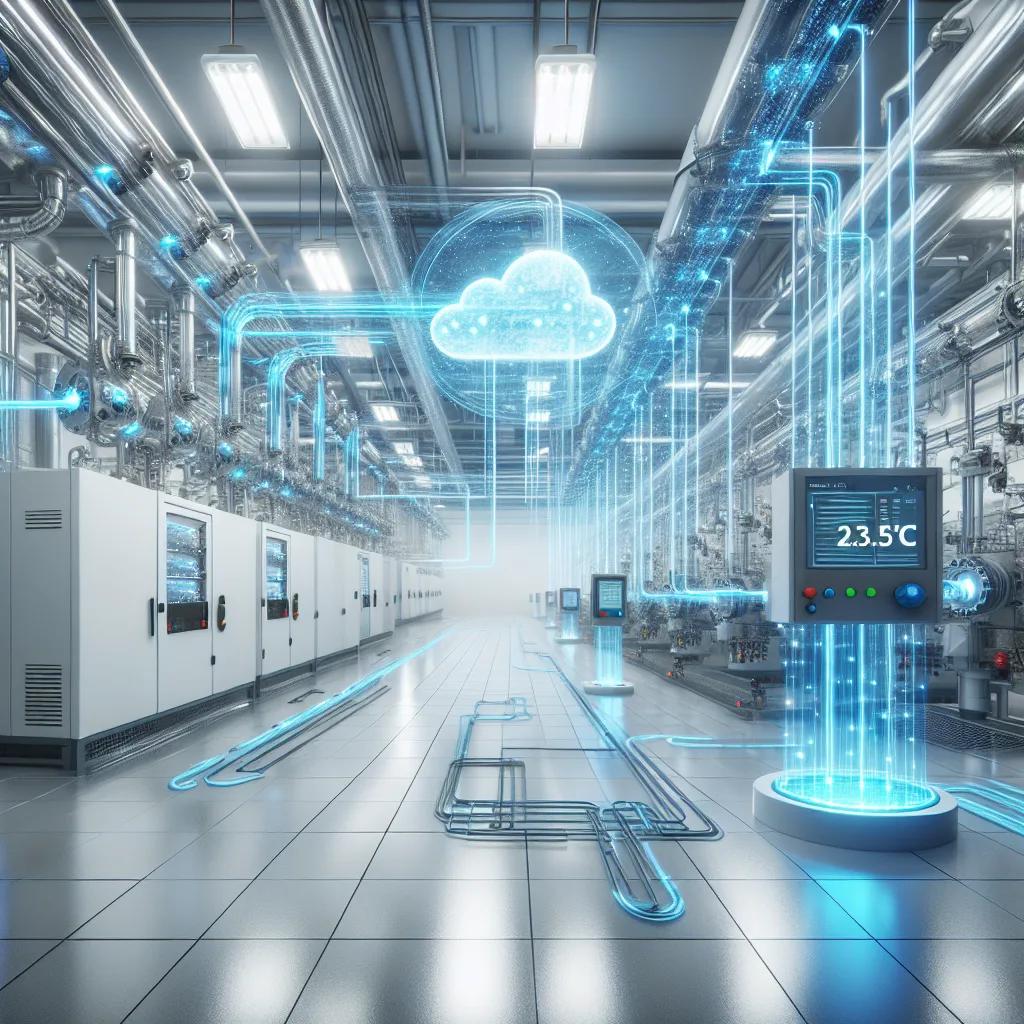 Industrial factory floor with interconnected machinery and glowing blue data streams flowing between temperature sensors, PLC panels, and cloud servers, demonstrating OPC UA connectivity.