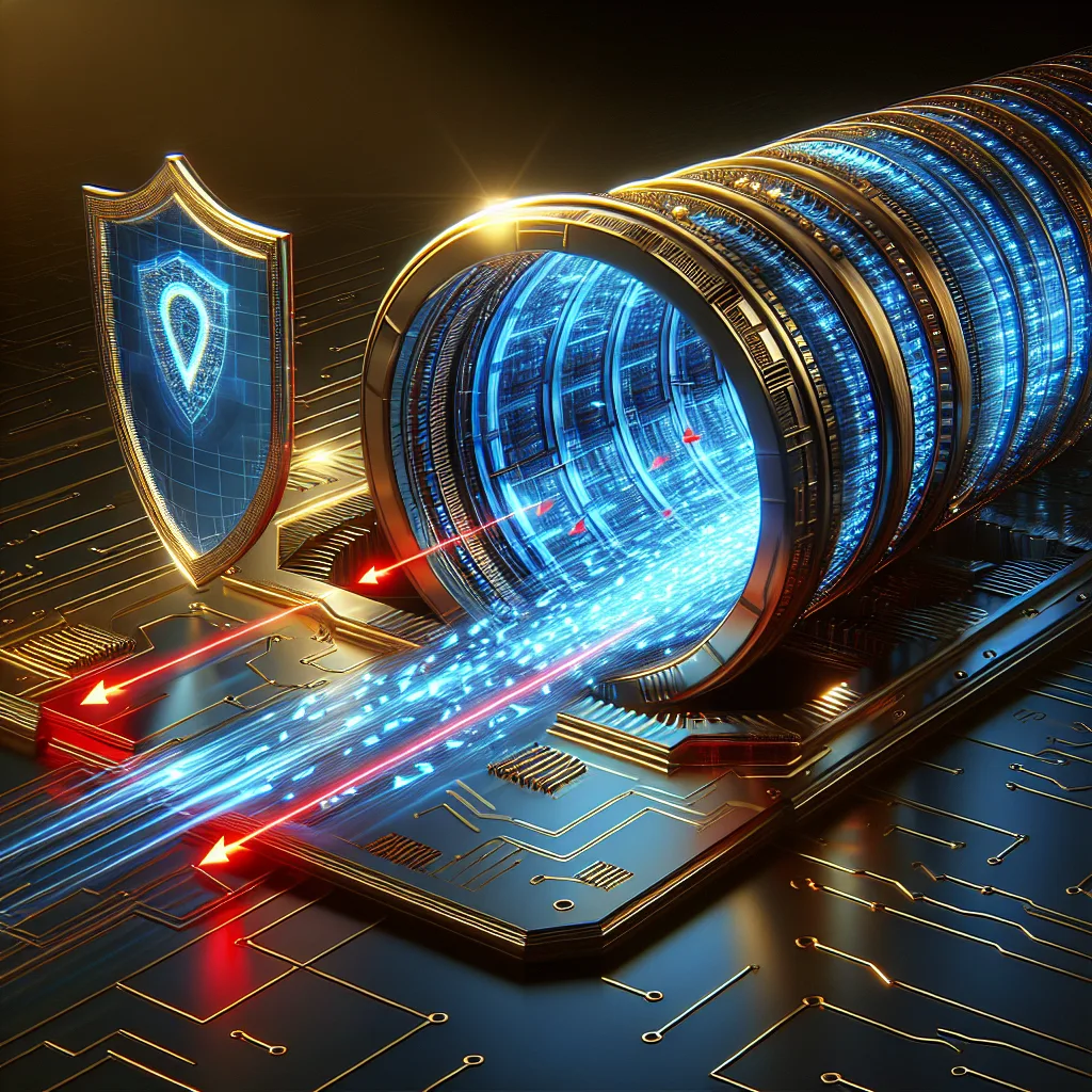 Secure data tunnel with encrypted blue packets flowing through protective golden shield, deflecting red cyber threats.