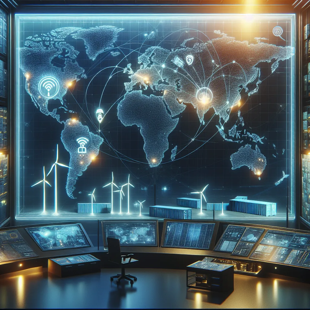 Holographic world map displaying satellite connections to remote IoT devices like wind turbines and sensors in a modern command center.