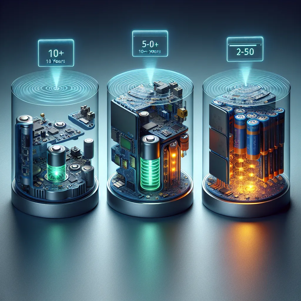 Three IoT sensor devices in cutaway view showing internal batteries and power consumption indicators with floating battery life labels.