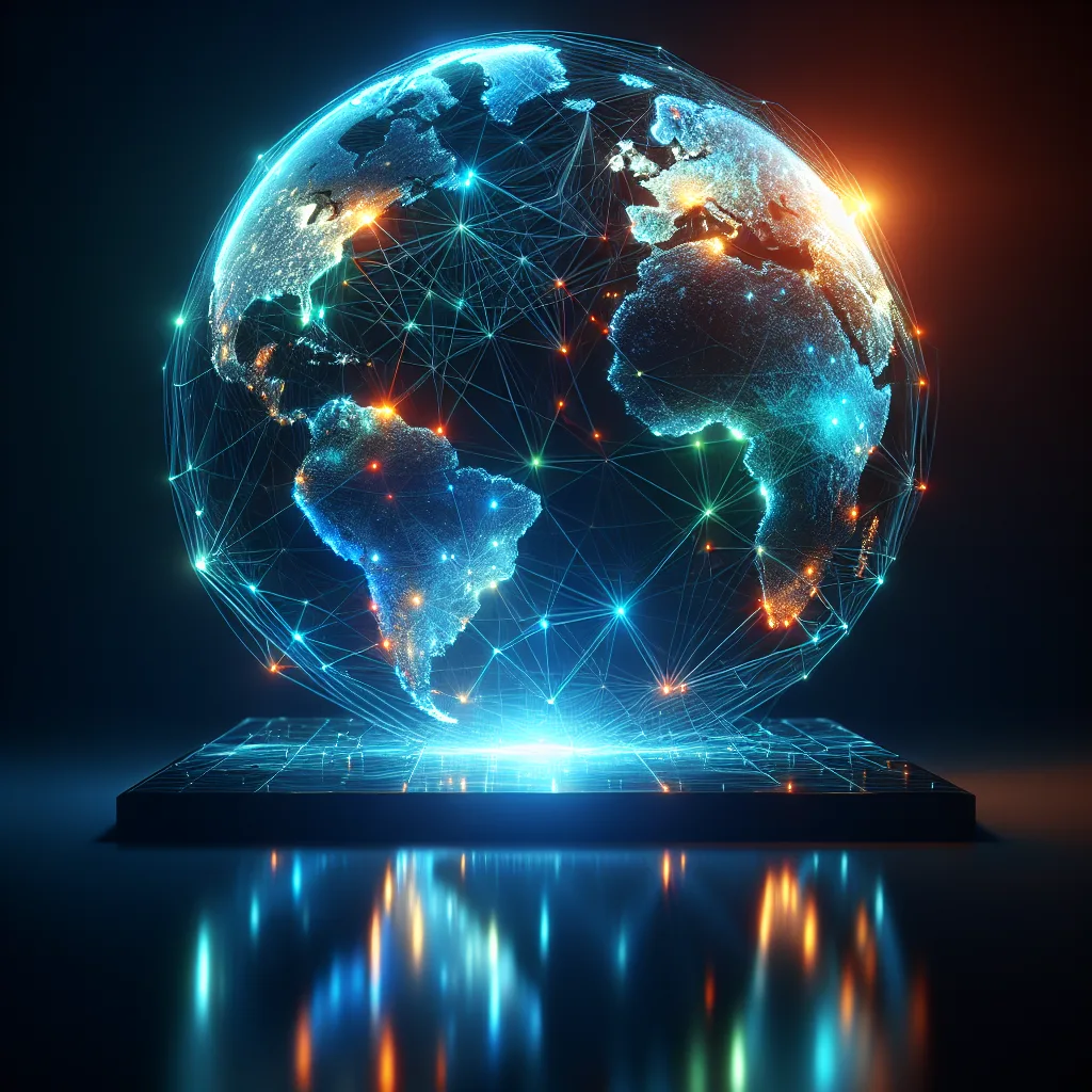 3D holographic world map showing M2M network connections with color-coded regions and glowing nodes representing global connectivity.