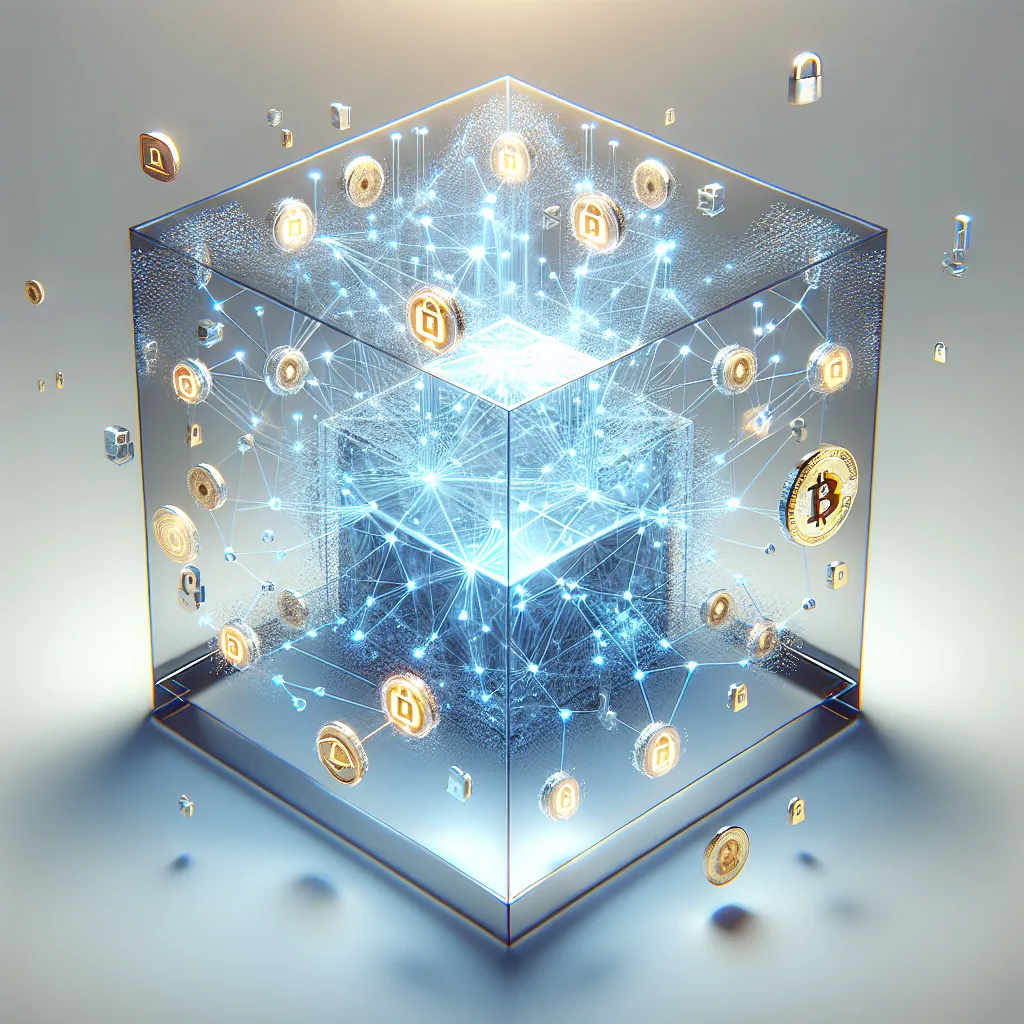 Transparent glass cube with glowing blue blockchain nodes, golden currency symbols, and M2M device hub illustrating market connectivity