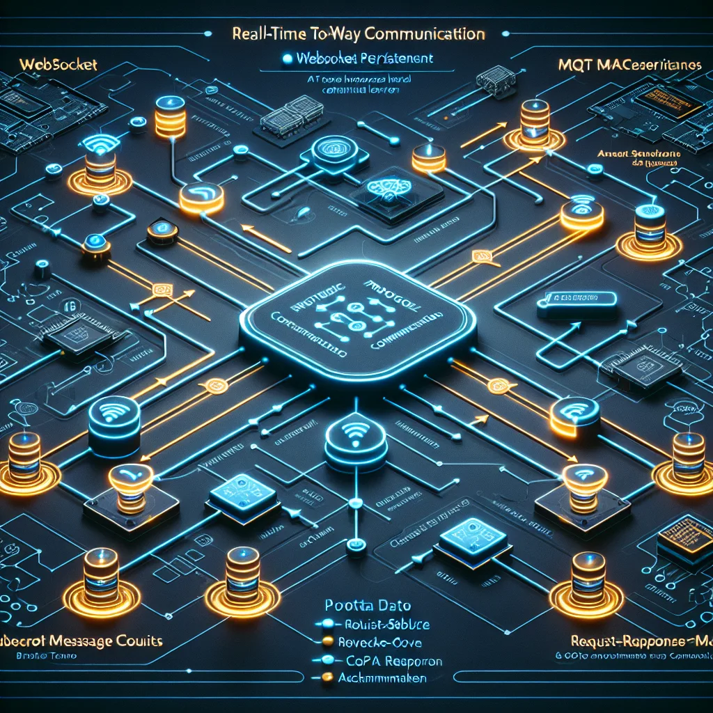 Technical diagram showing WebSocket, MQTT, and CoAP protocol pathways with colored data streams connecting IoT devices to servers
