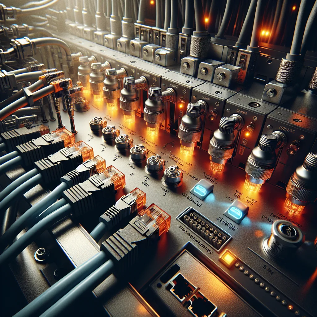Industrial ethernet cables and serial connectors plugged into ruggedized control panel with glowing LED status lights in manufacturing facility