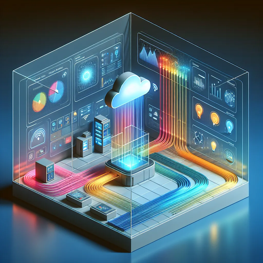 Isometric data center cross-section showing M2M device data streams flowing through cloud platform to automated systems