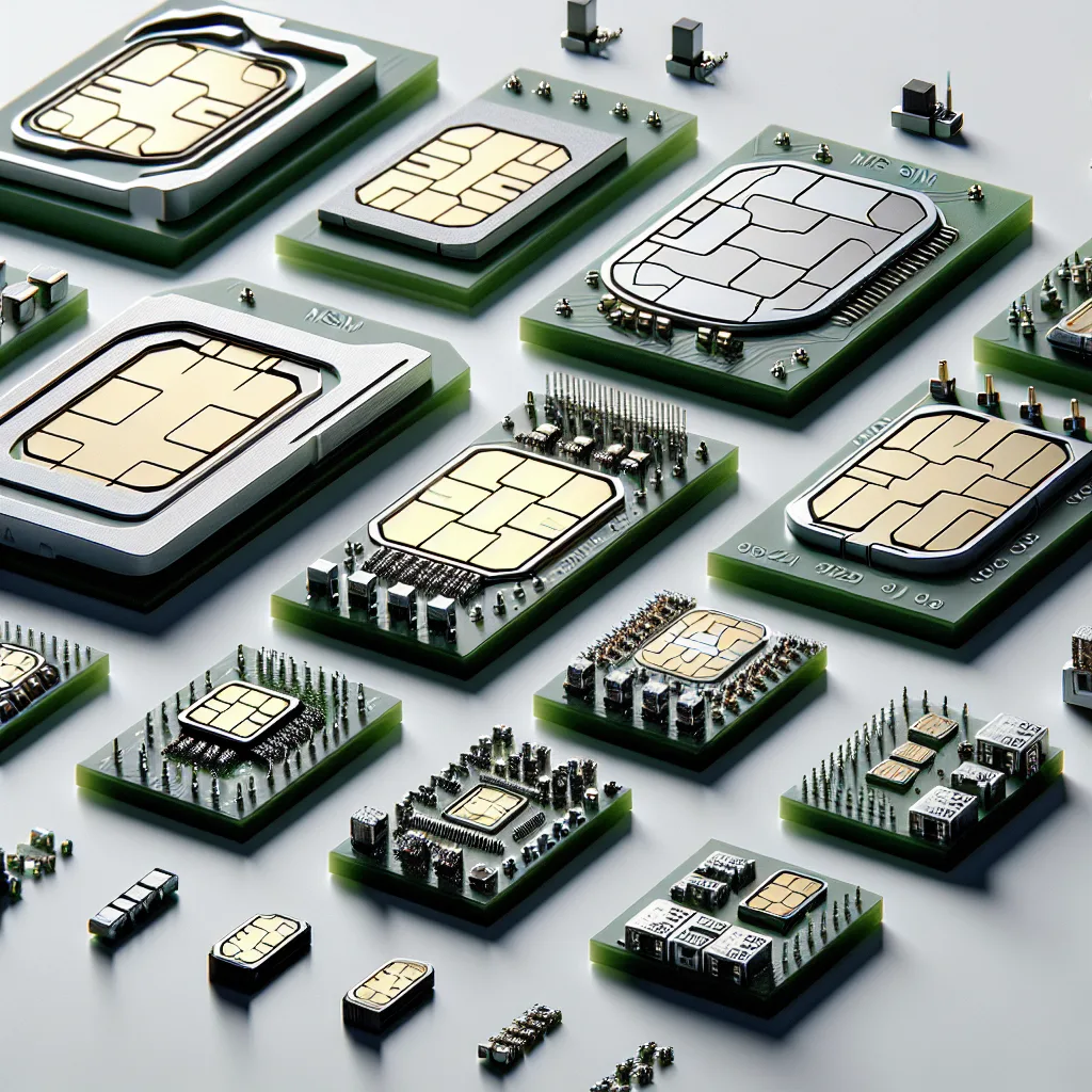 Cross-section view of M2M SIM card form factors including full-size, mini, micro, nano, and embedded eSIM chip on circuit board