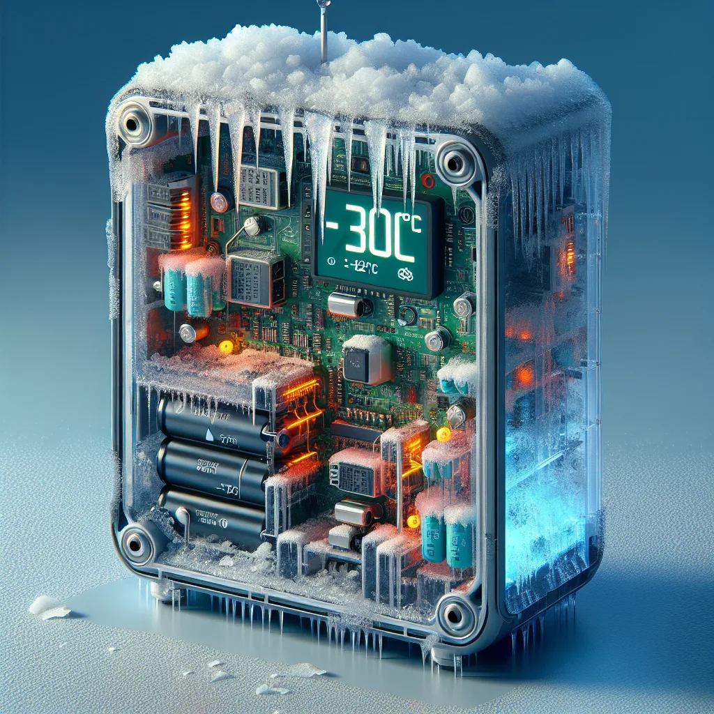 IoT sensor cutaway showing internal components with battery drain indicators in extreme -30°C snowy conditions