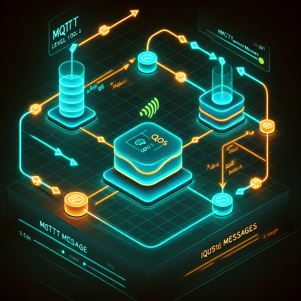 MQTT QoS Level 1 diagram showing message flow between IoT device, broker, and subscriber with PUBLISH and PUBACK acknowledgment
