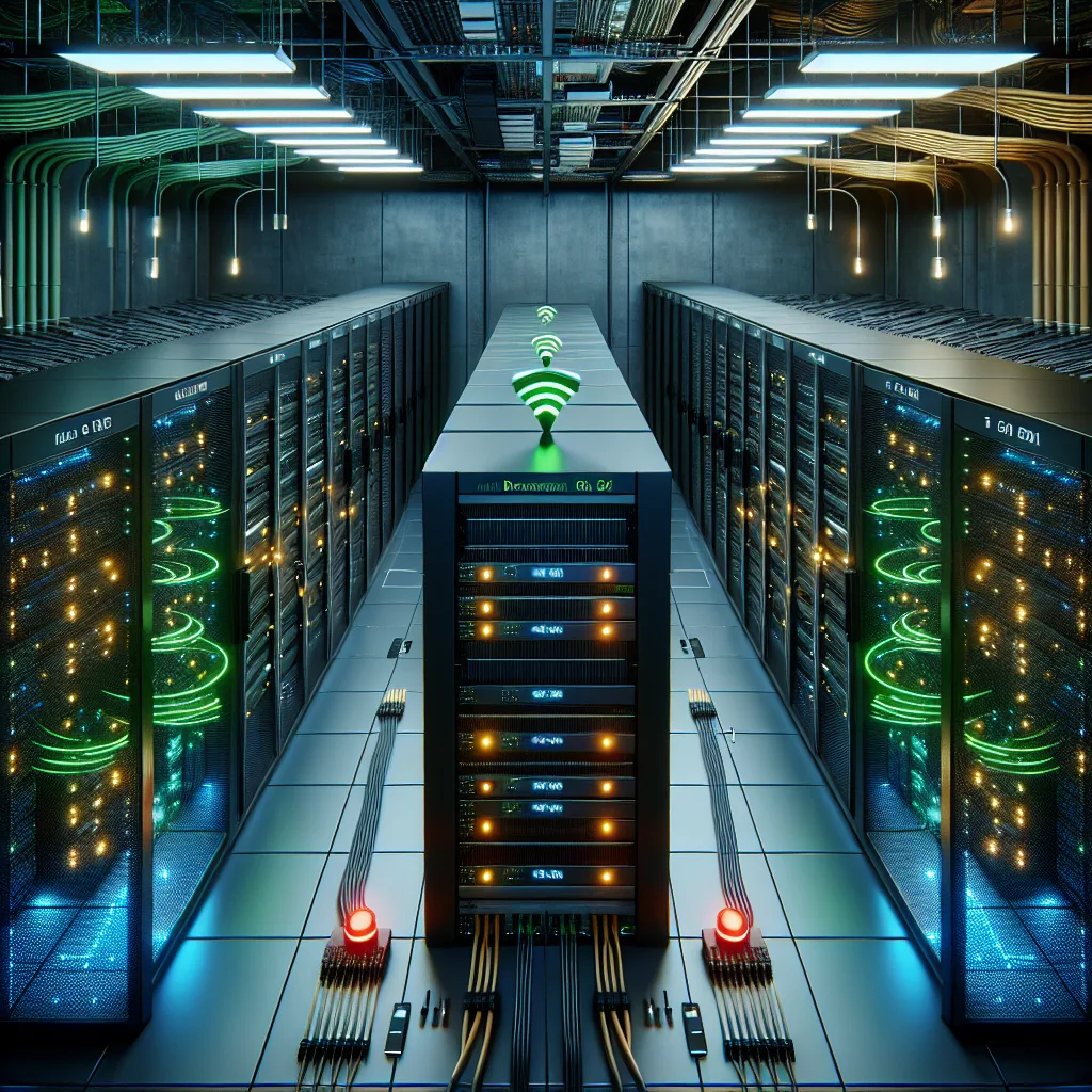 Server room with three network zones showing MQTT QoS levels: green LEDs for stable connections, amber for processing, red for priority queues