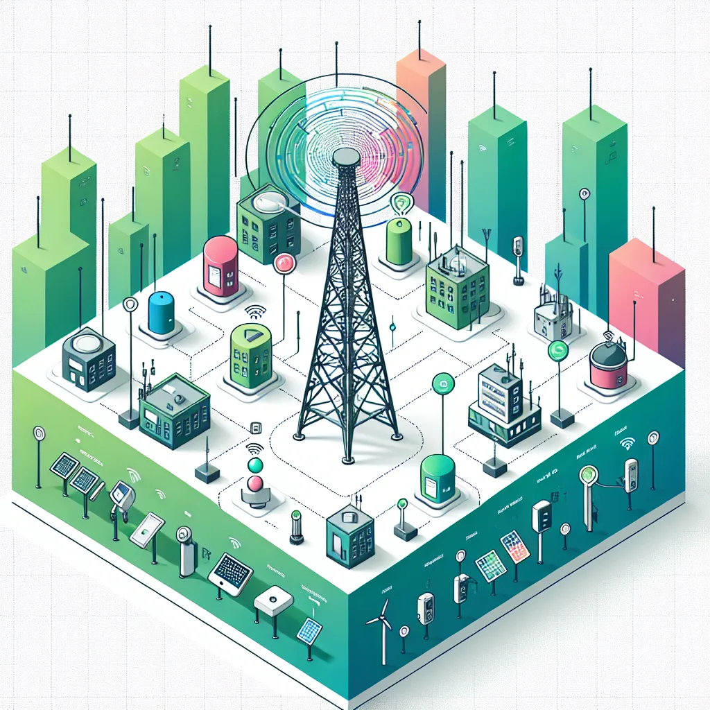 NB-IoT network architecture diagram showing cellular tower with coverage zones connecting to smart meters, sensors, and IoT devices