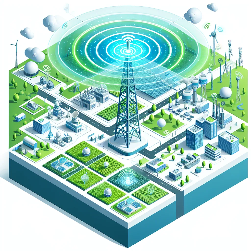 Technical diagram showing cellular tower transmitting signals to IoT devices in farm, factory, and urban environments