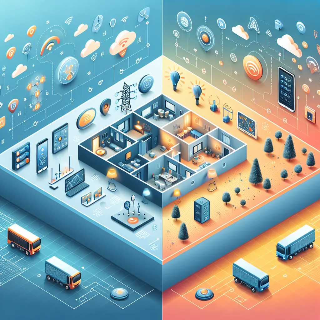 Split-screen comparison of WiFi IoT devices in smart building (left) versus cellular IoT sensors across outdoor landscape (right)