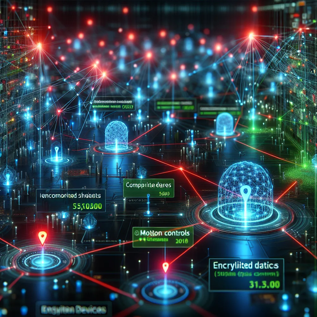 Network diagram showing IoT devices as glowing nodes with red compromised and green healthy devices, security shields, and encrypted data streams.